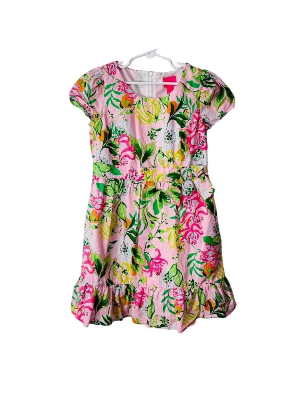 Lilly Pulitzer Girl Size 10 Dress Floral Pink Green Ruffle Cotton Short-Sleeve
